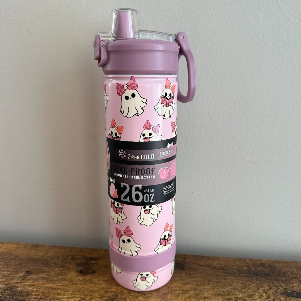 New Ghost Reading Book Purple Pink Tumbler Water Bottle Flask 26 oz Halloween